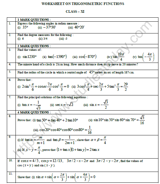 trigonometric functions class 11 worksheet with solutions